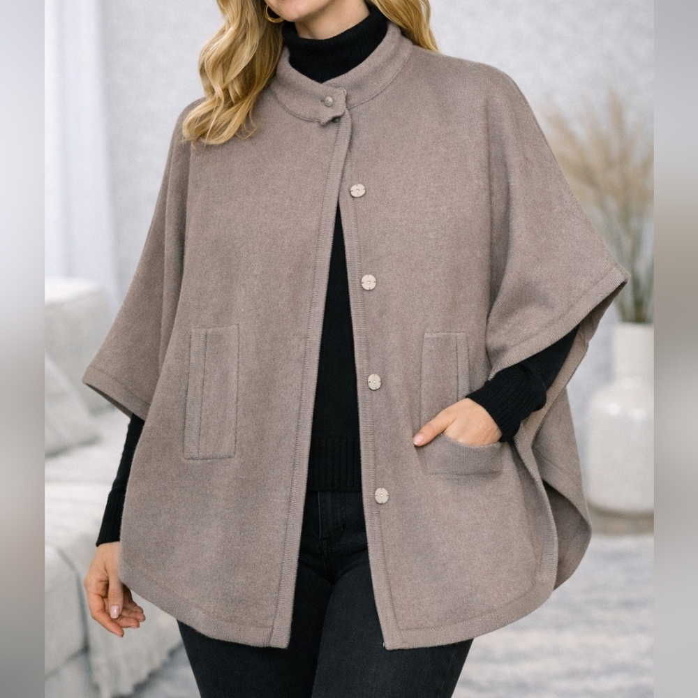 Vintage Wool Peck & Peck Taupe Cape Sweater Soft Button Down One Size Brown Nude - Picture 2 of 8